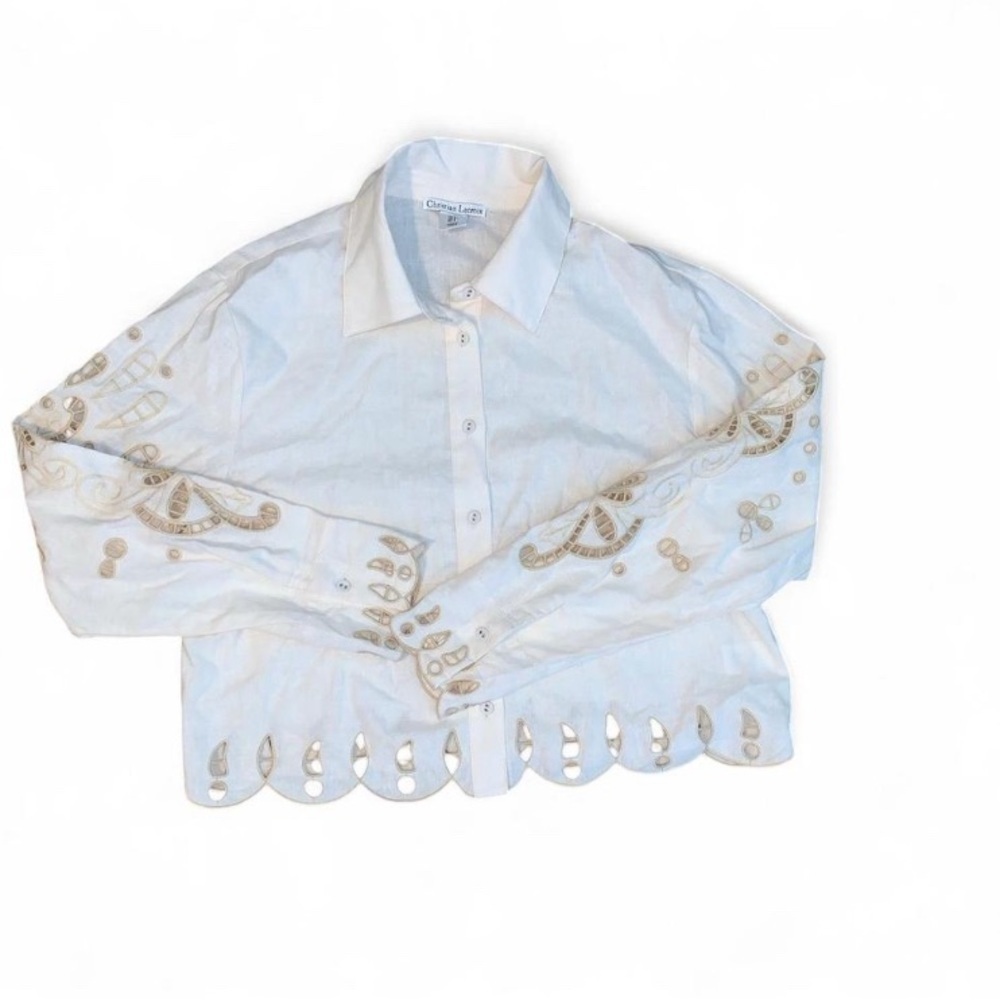 Christian Lacroix White and Tan Embroidered cut work linen Button-Up Shirt small